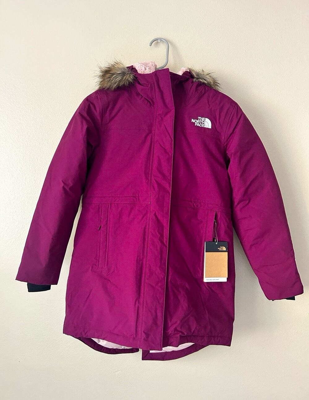 The North Face Girls Down Parka Jacket Faux Fur Hood Purple Berry Size L/14 NWT